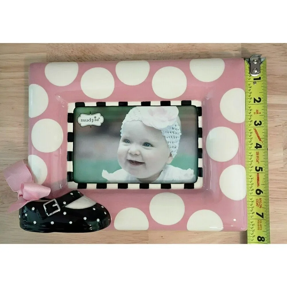 Mudpie Ceramic Baby Girl Photo Picture Frame Pink Polka Dot Bootie Nursery Deco